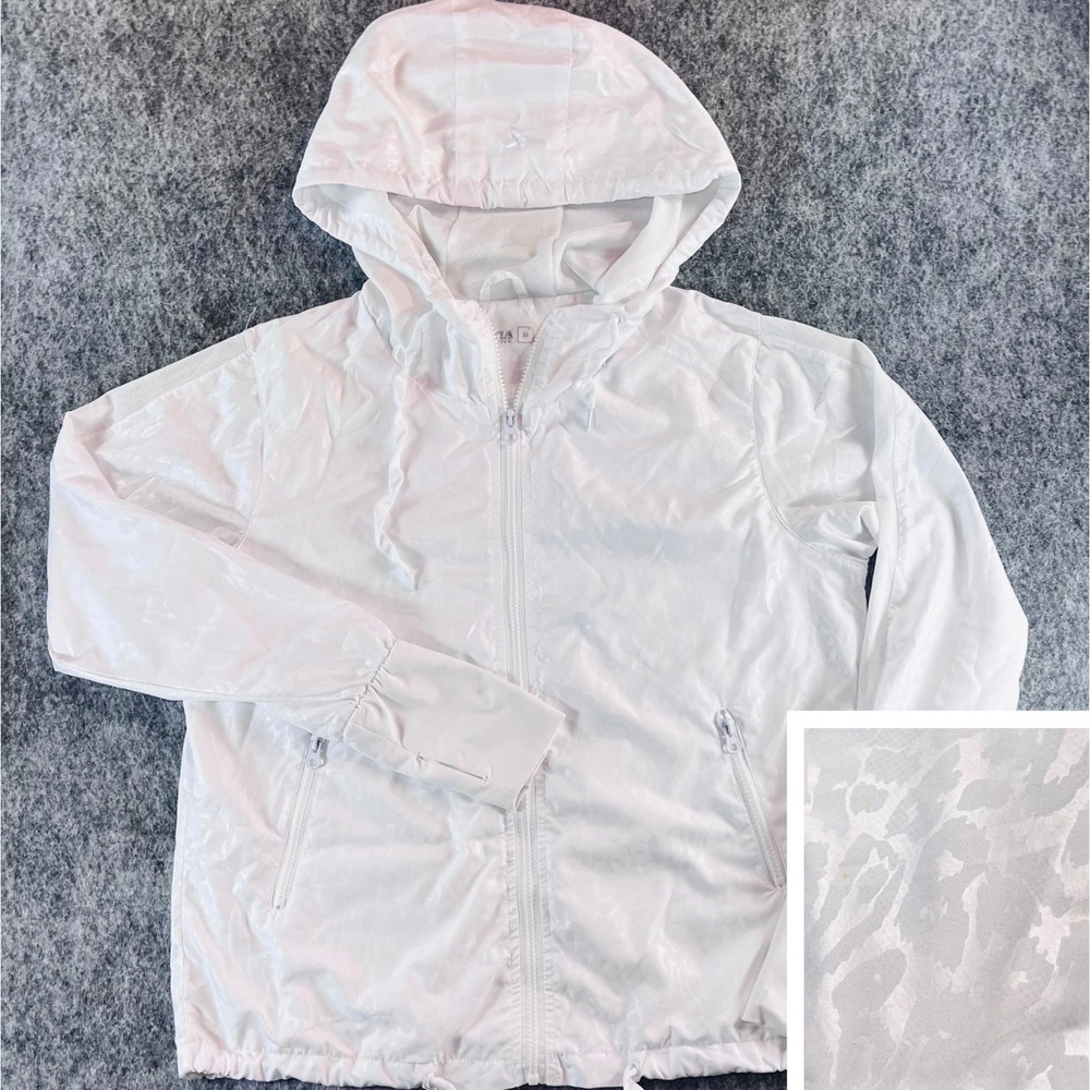 Zyia Active Windbreaker Jacket Women M White Leopard Print Hooded Full Zip Gym